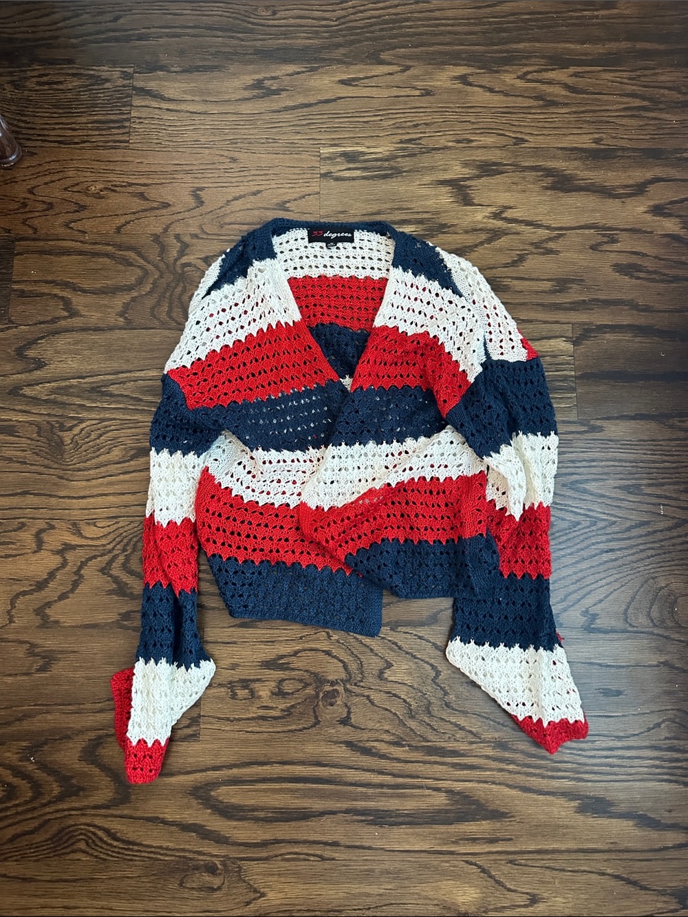Striped Open Crochet Cardigan - Navy, Red & Cream